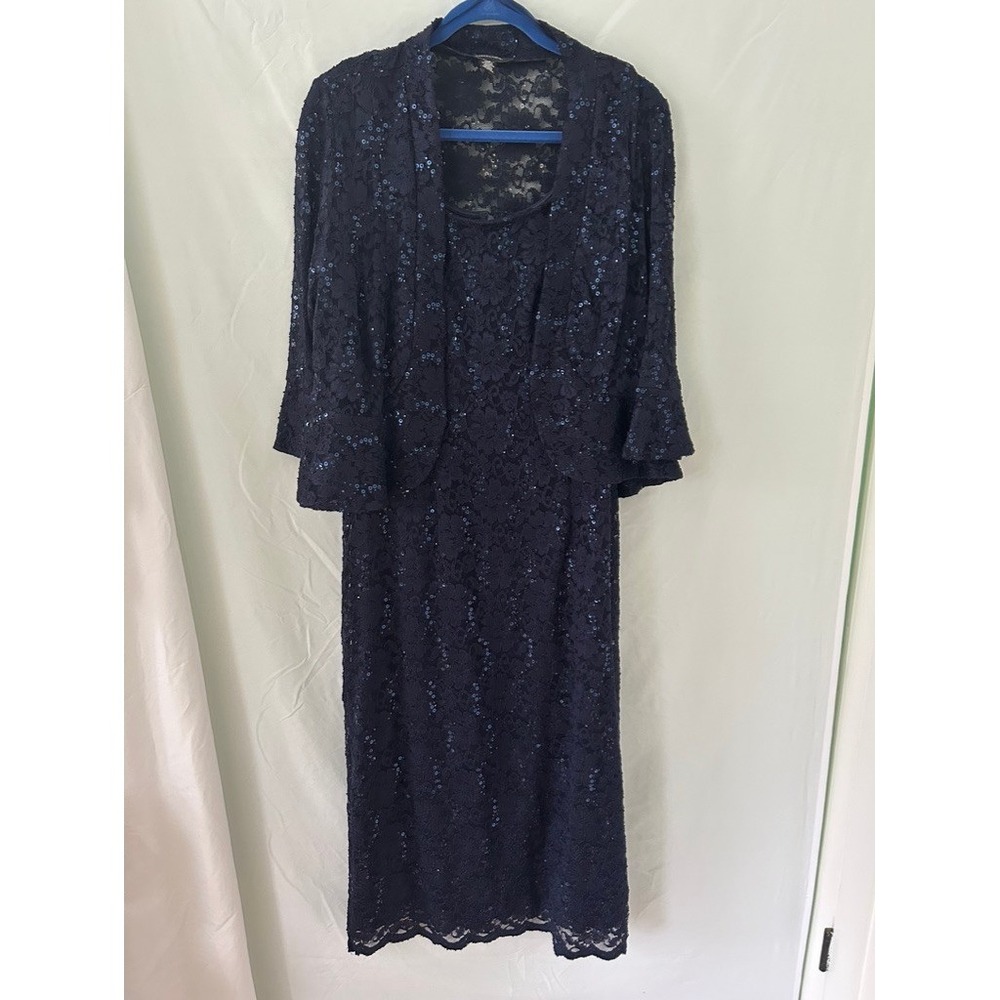 R&M Richards Navy Blue Sequin Lace 2-Piece Dress and Jacket Set Size 12 Formal